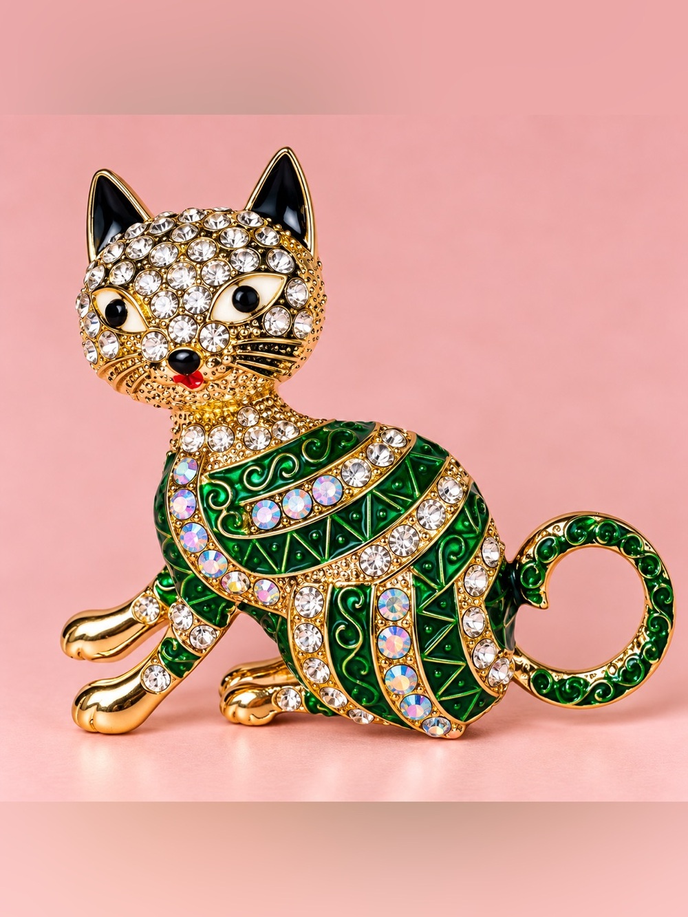 Luxury Green Crystal Cat Figurine - Gold Accent